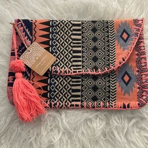 Cynthia Rowley fabric clutch with tassel Aztec print.